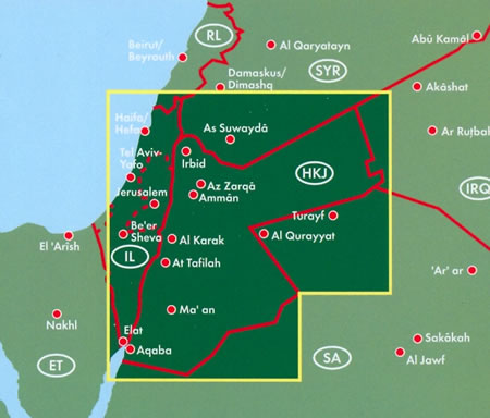 immagine di mappa stradale mappa stradale Giordania - con Amman, Irbid, Zarqa, Aqaba, Al-Salt, Madaba, Jerash/Gerasa, Ma'an, Karak,Ra's al-Naqb - edizione 2013