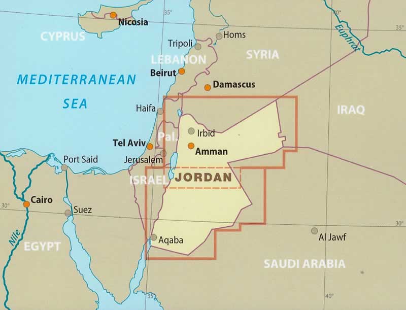 immagine di mappa stradale mappa stradale Giordania / Jordan / Jordanien - con Amman, Jerash, Irbid, Valle del Giordano, Petra, Aqaba, Wadi Rum, Azraq - mappa stradale impermeabile e antistrappo