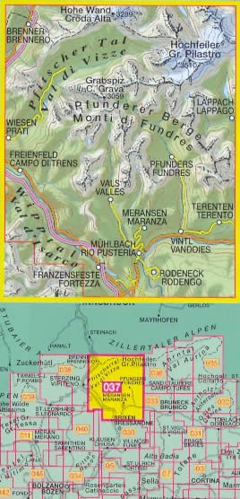 immagine di mappa topografica mappa topografica n.037 - Gran Pilastro, Monti di Fundres / Hochfeiler, Pfunderer Berge - Val di Vizze/Pfitscher Tal, Valles, Maranza, Terento, Vandoies, Rodengo, Rio Pusteria, Val d'Isarco, Campo di Trens, Brennero, C. Grava, Lappago - con reticolo UTM compatibile con sistemi GPS - nuova edizione