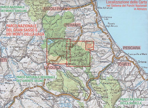 immagine di mappa topografica mappa topografica Gran Sasso d'Italia - carta dei sentieri - con rifugi, percorsi CAI numerati, cascate, sorgenti, grotte - nuova edizione