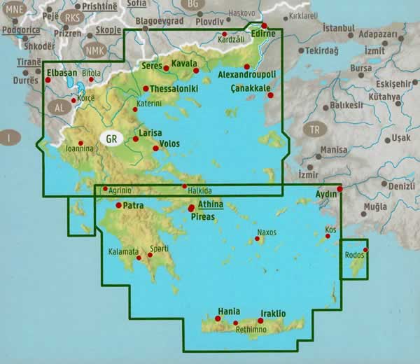 immagine di mappa stradale mappa stradale Grecia - con tutte le isole, costa Ionica ed Egea, Atene, Attica, Salonicco, Patrasso, Pireo, Candia, Peristeri, Larissa, Volo, Kallithea, Nikaia, isole del golfo Saronico e Argolico, Cicladi, Mykonos/Mikonos, Paros, Antiparos, Naxos, Delos, Parikia, Santorini, Dodecaneso, Kos, Nissyros, Kalymnos, Leros, Lipsi, Patmos, Samos, Rodi, Sporadi, Creta, Isole Ionie, Corfu, Leucade, Cefalonia, Itaca, Zante - con luoghi panoramici, parchi, riserve naturali, siti archeologici, linee marittime e campeggi - EDIZIONE 2023