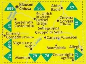 immagine di mappa topografica mappa topografica n.59 - Gruppo di Sella / Sellagruppe, Alpe di Siusi, Val Gardena, Corvara, Badia, Vigo di Fassa, Moena, Marmolada, Canazei, Alleghe, Vich, Cornedo, Ortisei, Chiusa, Passo Pordoi - mappa plastificata - compatibile con GPS + mappa panoramica