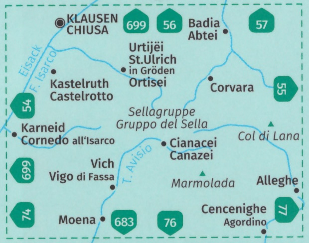 immagine di mappa topografica mappa topografica n.59 - Gruppo di Sella / Sellagruppe, Alpe di Siusi, Val Gardena, Corvara, Badia, Vigo di Fassa, Moena, Marmolada, Canazei, Alleghe, Vich, Cornedo, Ortisei, Chiusa, Passo Pordoi - mappa plastificata - compatibile con GPS + mappa panoramica - edizione 2023