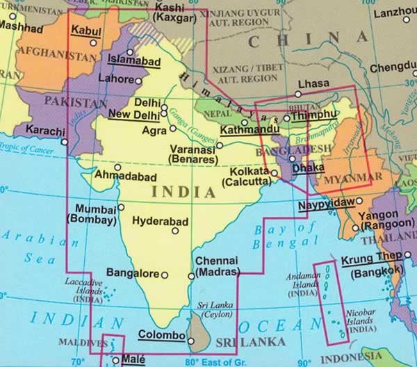 immagine di mappa stradale mappa stradale India - con Bangladesh, Bhutan, Nepal, Sri Lanka, Maldive, Isole Andamane e Nicobare - con luoghi panoramici, parchi, riserve naturali, templi e siti archeologici - EDIZIONE 2025