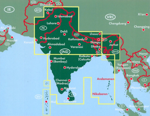 immagine di mappa stradale mappa stradale India - con Bangladesh, Bhutan, Nepal, Sri Lanka, Maldive - con cartografia facile da leggere, precisa ed aggiornata - con luoghi panoramici, parchi, riserve naturali, templi e siti archeologici - nuova edizione