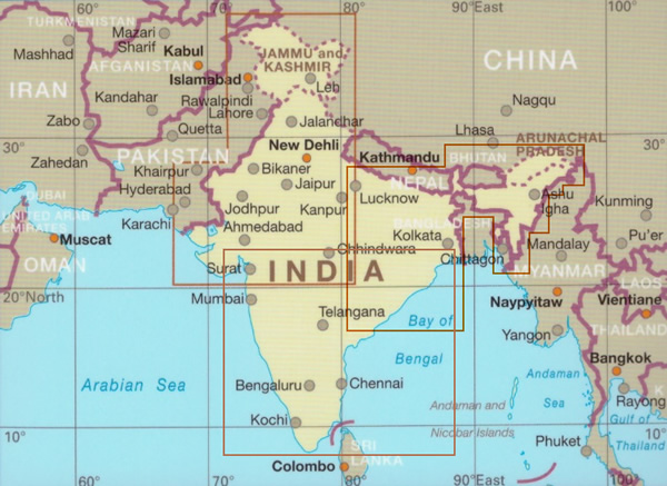 immagine di mappa stradale mappa stradale India - set di 3 mappe stradali - India Nord-Ovest, Nord-Est e Centro-Sud - con parchi, riserve naturali, templi, fonti termali, luoghi di interesse turistico, spiagge, distanze stradali - mappe impermeabili e antistrappo - nuova edizione