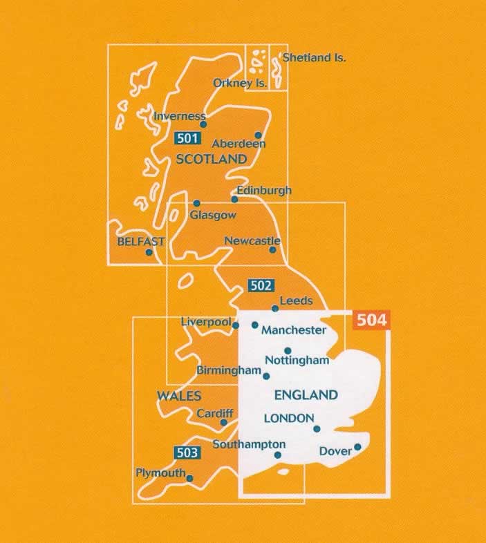 immagine di mappa stradale mappa stradale n.504 - Inghilterra Sud-Est, Midlands, East Anglia (Gran Bretagna) - con Londra, Oxford, Cambridge, Ipswich, Bristol, Southampton, Coventry, Birmingham, Leicester, Manchester - nuova edizione