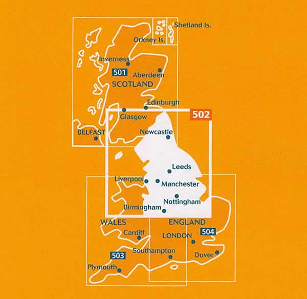 immagine di mappa stradale mappa stradale n.502 - Inghilterra del Nord, Midlands (Gran Bretagna) - con Birmigham, Manchester, Liverpool, Leeds, Newcastle-upon-Tyne, Isle of Man - edizione Dicembre 2022