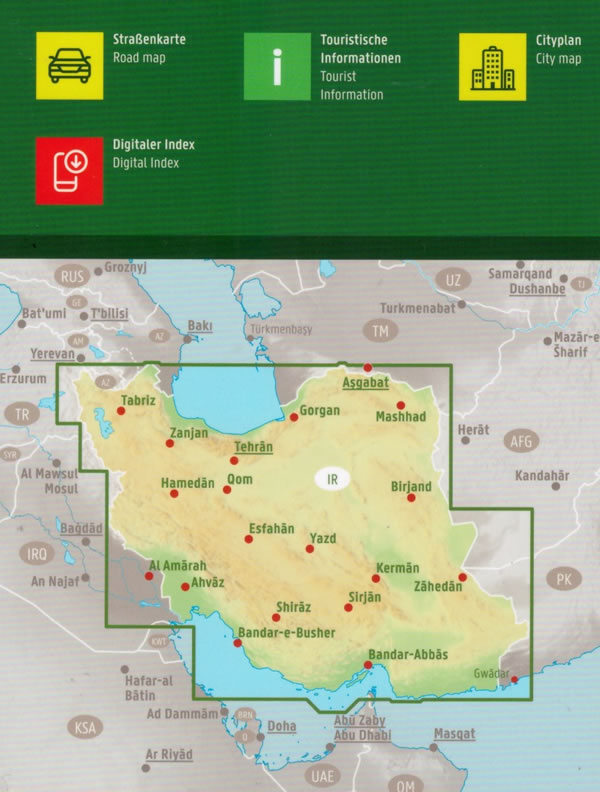 immagine di mappa stradale mappa stradale Iran - mappa stradale - con Tehran, Mashhad, Esfahan, Tabriz, Karaj, Shiraz, Ahvaz, Qom, Kermanshah, Urmia - edizione 2025