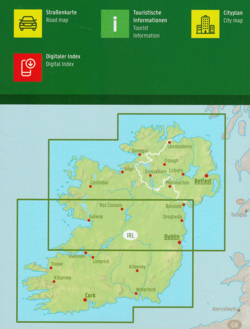 immagine di mappa stradale mappa stradale Irlanda - con Dublin/Dublino, Cork, Galway, Tallaght, Blanchardstown, Limerick, Waterford, Clondalkin, Lucan, Swords, Dundalk, Drogheda, Blackrock, Bray, Dún Laoghaire, Firhouse, Castleknock, Tralee, Ennis, Naas, Douglas, Dundrum, Sligo, Templeogue, Rathfarnham, Killarney, Kilkenny, Castlebar, Belfast, Londonderry - con indice delle località digitale scaricabile su smartphone