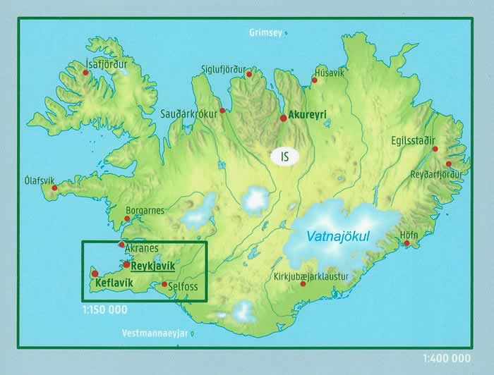 immagine di mappa stradale mappa stradale Islanda - con mappa in dettaglio del Cerchio d'Oro / Golden Circle / Ring Road e mappa della città di Reykjavik - con i dintorni di Kalfafell, Akureyri, Selfoss, Kópavogur, Hafnarfjörður, Reykjanesbær - EDIZIONE Giugno 2023