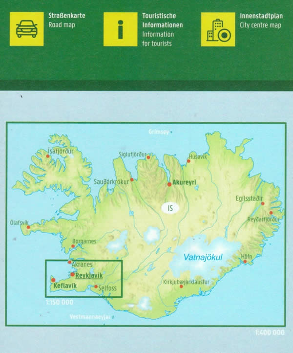 immagine di mappa stradale mappa stradale Islanda - con mappa in dettaglio del Cerchio d'Oro / Golden Circle / Ring Road e mappa della città di Reykjavik - con i dintorni di Kalfafell, Akureyri, Selfoss, Kópavogur, Hafnarfjörður, Reykjanesbær - EDIZIONE 2026