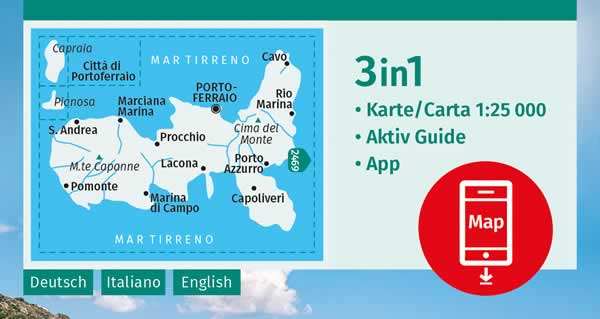 immagine di mappa topografica mappa topografica Isola d'Elba, Capraia e Pianosa - con Portoferraio, Marina di Campo, Porto Azzurro, Capoliveri, Cima del Monte, Rio Marina, Cavo, Procchio, Marciana Marina, Pomonte, M. Capanne, S. Andrea, Lacona - Kompass n.2468 - compatibile con GPS - EDIZIONE 2024