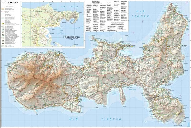 immagine di mappa topografica mappa topografica Isola d'Elba - carta escursionistica dei sentieri - con spiagge, parchi naturali, grotte, luoghi panoramici - edizione 2023