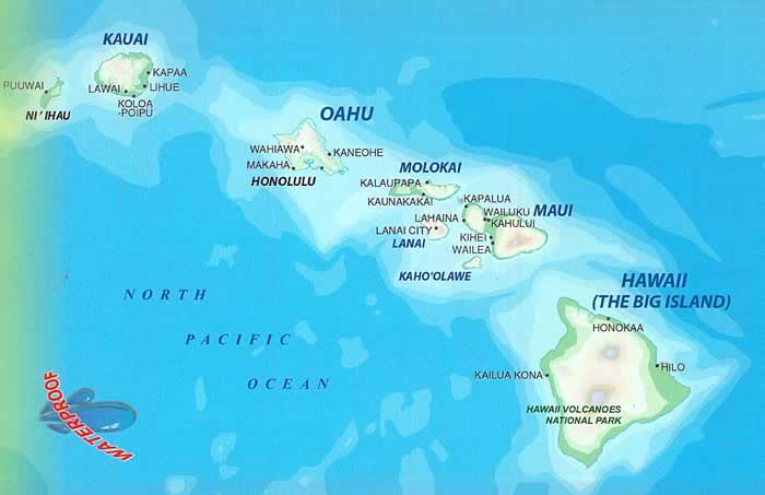 immagine di mappa stradale mappa stradale Isole Hawaii - mappa impermeabile, escursionistica e stradale di tutte le isole delle Hawaii - Oahu, Maui, Kaho‘olawe, Hawaii Big Island, Kauai, Molokai, Lanai, Niihau, Lihue, Honolulu, Kalaupapa, Wailuku, Hilo - con sentieri, spiagge, punti panoramici, luoghi per il surf e immersioni, sorgenti termali, cascate, grotte, parchi e riserve naturali - nuova edizione