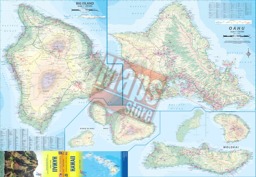 immagine di mappa stradale mappa stradale Isole Hawaii - mappa impermeabile, escursionistica e stradale di tutte le isole delle Hawaii - Oahu, Maui, Kaho‘olawe, Hawaii Big Island, Kauai, Molokai, Lanai, Niihau, Lihue, Honolulu, Kalaupapa, Wailuku, Hilo - con sentieri, spiagge, punti panoramici, luoghi per il surf e immersioni, sorgenti termali, cascate, grotte, parchi e riserve naturali - nuova edizione