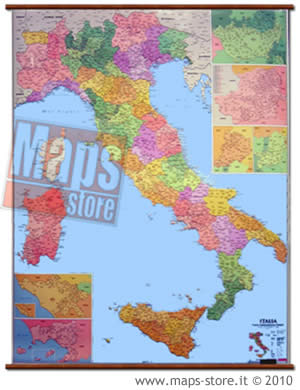 immagine di mappa murale mappa murale Italia Amministrativa e Postale 100x138 cm (plastificata con aste in legno)