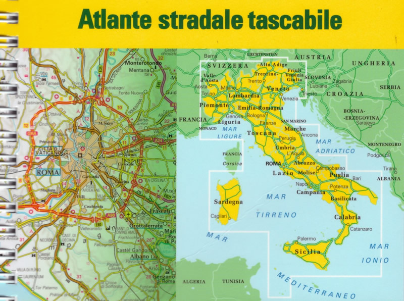 immagine di atlante stradale atlante stradale Italia - atlante stradale tascabile a spirale - con mappe delle grandi aree urbane, tangenziali, tabella delle distanze chilometriche - EDIZIONE 2025