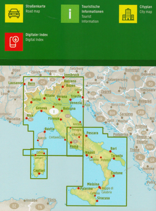 immagine di mappa stradale mappa stradale Italia / Italy / Italien - mappa stradale d'Italia - cartografia stradale molto dettagliata con strade numerate, distanze stradali, campeggi, parchi naturali - con indice delle località digitale scaricabile su smartphone - edizione 2022