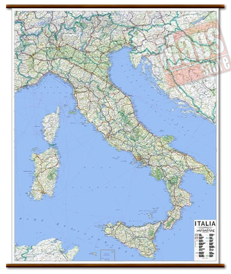 immagine di mappa murale mappa murale Italia - mappa murale con cartografia molto dettagliata e aggiornata - plastificata, con eleganti aste in legno - 115 x 135 cm