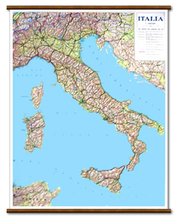 immagine di mappa murale mappa murale Italia - mappa murale plastificata e telata con aste in legno - 72 x 92 cm