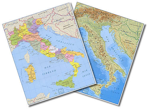 immagine di mappa scolastica mappa scolastica Italia - mappa politica e fisica, plastificata, da scrivania - stampata fronte-retro - 29,5 x 42 cm - edizione 2025