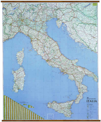 immagine di mappa murale mappa murale Italia stradale, con limiti di regione 100x138 cm (plastificata con aste in legno)