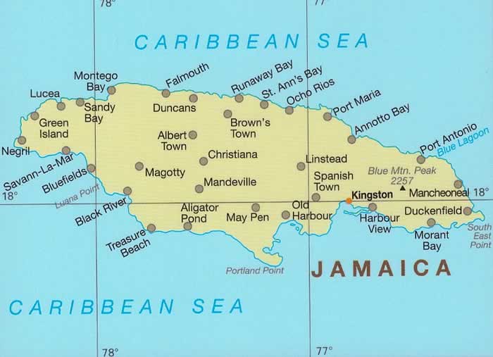 immagine di mappa stradale mappa stradale Jamaica / Giamaica - con Portmore, Kingston, Bull Bay, Mandeville, Montego Bay, Savanna La-Mar, Ocho Rios - mappa impermeabile e antistrappo