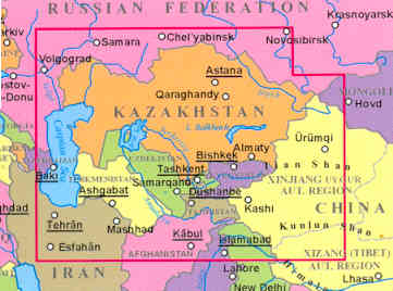 immagine di mappa stradale mappa stradale Kazakhstan, Kyrgyzstan, Tajikistan, Turkmenistan, Uzbekistan