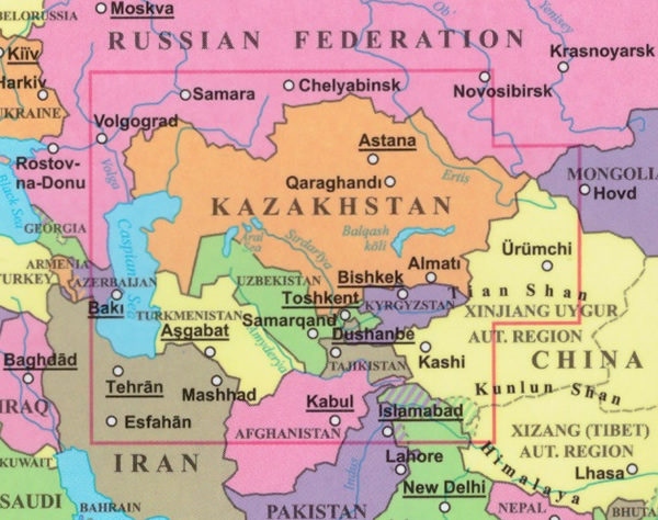 immagine di mappa stradale mappa stradale Kazakhstan, Kyrgyzstan, Tajikistan, Turkmenistan, Uzbekistan - EDIZIONE 2025