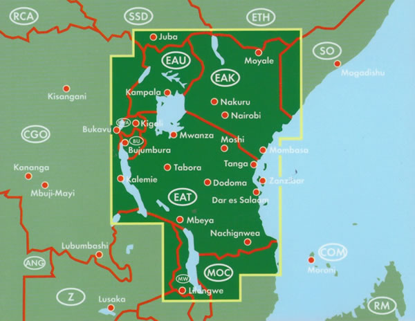 immagine di mappa stradale mappa stradale Kenya, Tanzania, Uganda - mappa stradale - con luoghi panoramici, spiagge, parchi e riserve naturali - edizione 2025