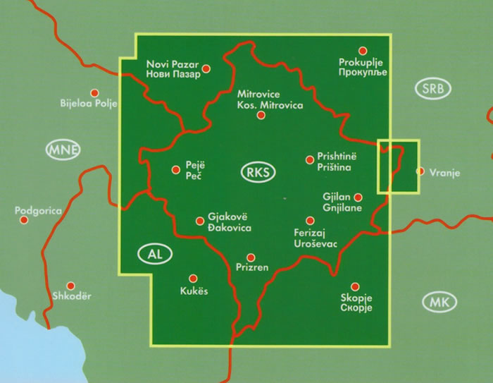 immagine di mappa stradale mappa stradale Kosovo - con Prishtinë (Priština), Prizren (Prizren), Ferizaj (Uroševac), Gjakova (Đakovica), Podujevë (Podujevo), Gjilan (Gnjilane), Pejë (Peć), Mitrovicë (Kosovska Mitrovica), Malishevë (Mališevo) - mappa stradale con luoghi panoramici, parchi e riserve naturali - nuova edizione