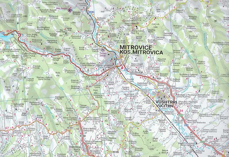 immagine di mappa stradale mappa stradale Kosovo - con Prishtinë (Priština), Prizren (Prizren), Ferizaj (Uroševac), Gjakova (Đakovica), Podujevë (Podujevo), Gjilan (Gnjilane), Pejë (Peć), Mitrovicë (Kosovska Mitrovica), Malishevë (Mališevo) - mappa stradale con luoghi panoramici, parchi e riserve naturali - EDIZIONE 2025