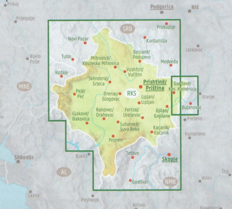 immagine di mappa stradale mappa stradale Kosovo - con Prishtinë (Priština), Prizren (Prizren), Ferizaj (Uroševac), Gjakova (Đakovica), Podujevë (Podujevo), Gjilan (Gnjilane), Pejë (Peć), Mitrovicë (Kosovska Mitrovica), Malishevë (Mališevo) - mappa stradale con luoghi panoramici, parchi e riserve naturali - EDIZIONE 2025