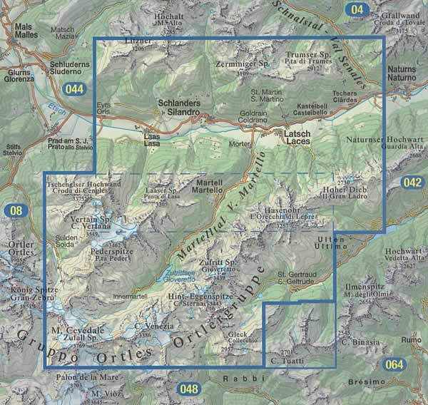 immagine di mappa topografica mappa topografica n.045 - Laces/Latsch, Val Martello, Silandro/Schlanders, Parco Nazionale dello Stelvio, Cevedale, S. Gertrude - con reticolo UTM compatibile con GPS - impermeabile, antistrappo, plastic-free, eco-friendly