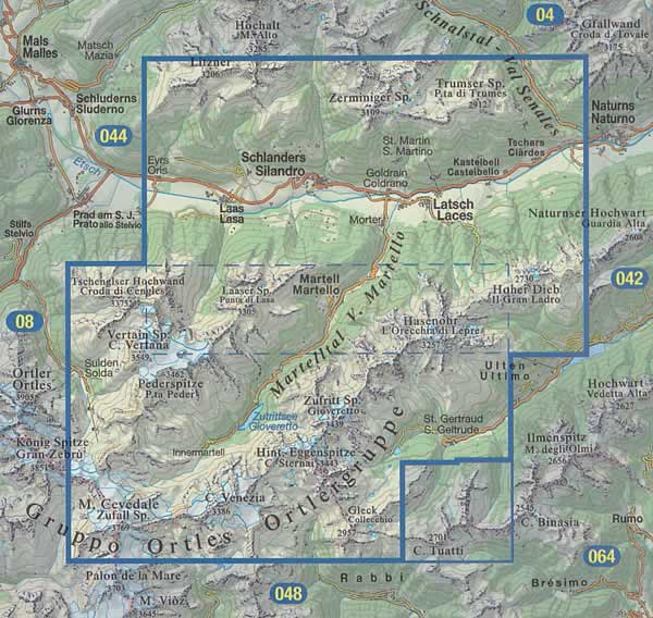 immagine di mappa topografica mappa topografica n.045 - Laces/Latsch, Val Martello, Silandro/Schlanders, Parco Nazionale dello Stelvio, Cevedale, S. Gertrude - con reticolo UTM compatibile con GPS - impermeabile, antistrappo, plastic-free, eco-friendly - EDIZIONE Luglio 2023