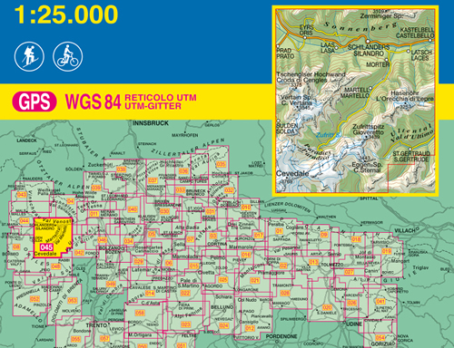 immagine di mappa topografica mappa topografica n.045 - Laces/Latsch, Val Martello, Silandro/Schlanders, Parco Nazionale dello Stelvio, Cevedale, S. Gertrude - con reticolo UTM compatibile con sistemi GPS
