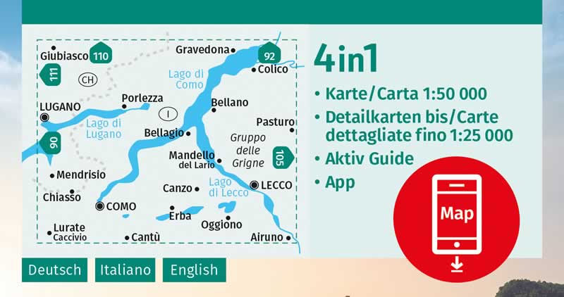 immagine di mappa topografica mappa topografica Lago di Como, Lago di Lugano, Mendrisio, Bellagio, Erba, Canzo, Oggiono, Mandello del Lario, Pasturo, Bellano, Colico, Gravedona, Giubiasco, Porlezza, Lugano, Como, Lecco - mappa Kompass n.91 - mappa escursionistica, plastificata, compatibile con GPS