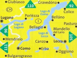immagine di mappa topografica mappa topografica n.91 - Lago di Como, Lago di Lugano, Mendrisio, Bellagio, Erba, Canzo, Oggiono, Mandello del Lario, Pasturo, Bellano, Colico, Gravedona, Giubiasco, Porlezza, Lugano, Como, Lecco - compatibile con GPS