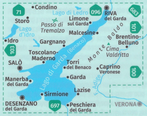 immagine di mappa topografica mappa topografica n.102 - Lago di Garda, Monte Baldo, Riva del Garda, Salò, Desenzano del Garda, Sirmione, Lago d'Idro, Caprino Veronese, Lago di Ledro - con informazioni turistiche, sentieri CAI, percorsi panoramici e parchi naturali - mappa plastificata, compatibile con GPS + mappa panoramica - nuova edizione