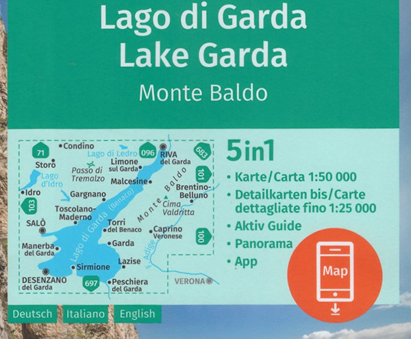 immagine di mappa topografica mappa topografica Lago di Garda, Monte Baldo, Riva del Garda, Salò, Desenzano del Garda, Sirmione, Lago d'Idro, Caprino Veronese, Lago di Ledro - con informazioni turistiche, sentieri CAI, percorsi panoramici e parchi naturali - mappa plastificata, compatibile con GPS + mappa panoramica - Kompass n.102 - EDIZIONE 2023