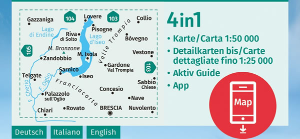 immagine di mappa topografica mappa topografica Lago d'Iseo, Valle Trompia, Franciacorta - Lago di Endine, Lovere, Pisogne, Zandobbio, Sarnico, Iseo, Telgate, Gardone Val Trompia, Sabbio Chiese, Concesio, Palazzolo sull'Oglio, Rovato, Brescia - mappa escursionistica, plastificata, con sentieri CAI, percorsi MTB - mappa Kompass n.106 - EDIZIONE 2024