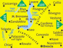 immagine di mappa topografica mappa topografica n.106 - Lago d'Iseo, Valle Trompia, Franciacorta, Rovato, Brescia, Palazzolo sull'Oglio, Zandobbio, Bovegno, Lovere, Lago di Endine - mappa plastificata, compatibile con GPS