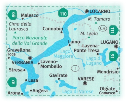 immagine di mappa topografica mappa topografica n.90 - Lago Maggiore, Lago di Varese, Lago di Lugano, Verbania, Stresa, Arona, Gravellona Toce, Laveno-Mombello, Luino, Cannobio, Locarno, Lugano, Mendrisio, Parco Nazionale della Val Grande, Malesco, Olgiate Comasco - compatibile con GPS - edizione 2020