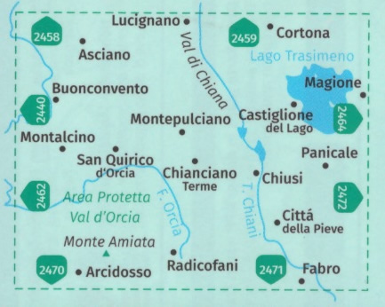 immagine di mappa topografica mappa topografica n.2463 - Lago Trasimeno, Val d'Orcia, Montepulciano, Montalcino, Monte Amiata, Asciano, Cortona, Sinalunga, Chianciano Terme, Chiusi - con informazioni turistiche, sentieri CAI, percorsi panoramici e parchi naturali - mappa plastificata, compatibile con GPS - nuova edizione