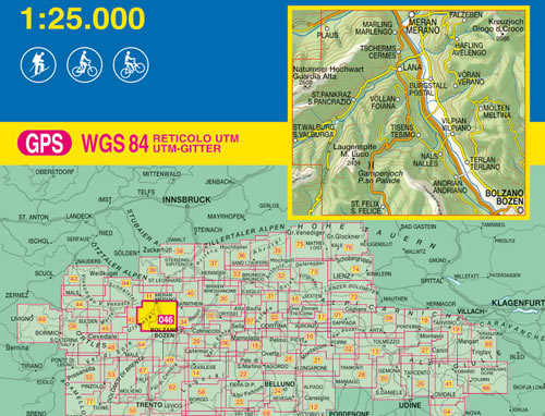 immagine di mappa topografica mappa topografica n.046 - Lana, Val d'Adige - Merano, Marlengo, Cermes, Verano, Guardia Alta, S. Pancrazio, Foiana, Vilpiano, Nalles, Terlano, Andriano, Passo Palade, M. Luco, S. Felice, Andriano, Bolzano - con reticolo UTM compatibile con sistemi GPS - edizione 2020