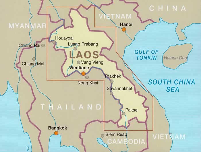 immagine di mappa stradale mappa stradale Laos - con Attapeu, Ban Houayxay, Paksan, Pakse, Xam Neua, Thakhek, Luang Namtha, Luang Prabang, Muang Xay, Phongsali, Xaignabouli, Salavan, Savannakhet, Xekong, Vientiane, Mueang Phonhong, Phonsavan - mappa impermeabile e antistrappo - edizione 2023