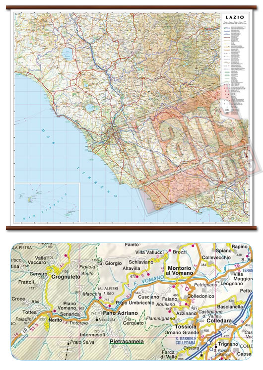 immagine di mappa murale mappa murale Lazio - mappa murale con cartografia dettagliata ed aggiornata - plastificata, con eleganti aste in legno - 96 x 86 cm - edizione 2021
