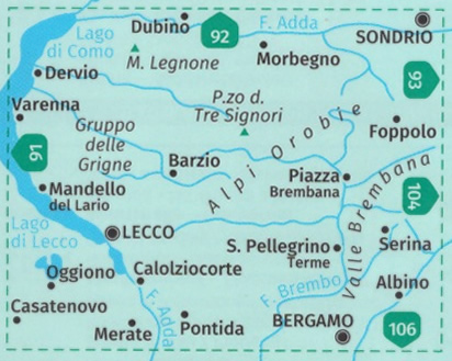 immagine di mappa topografica mappa topografica n.105 - Lecco, Valle Brembana, Oggiono, Zogno, Brumano, Morbegno, Varenna, Tartano, Lago di Como, San Pellegrino Terme, Sondrio - con informazioni turistiche, sentieri CAI, percorsi panoramici e parchi naturali - mappa plastificata, compatibile con GPS - edizione 2021