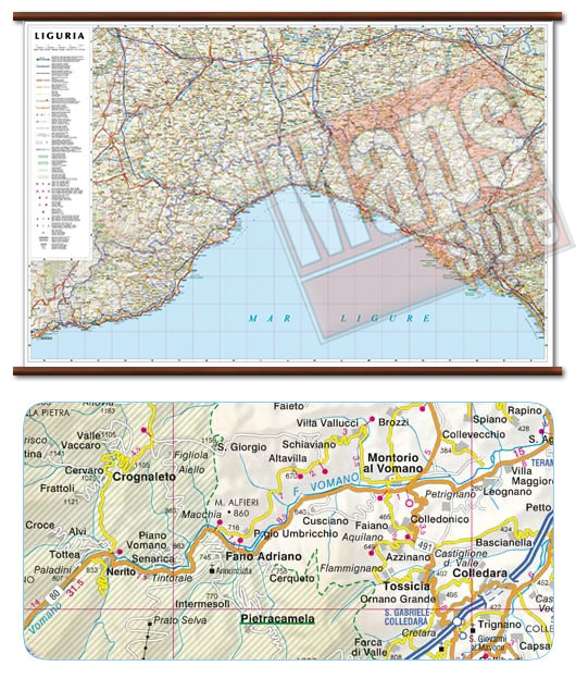 immagine di mappa murale mappa murale Liguria - mappa murale con cartografia dettagliata ed aggiornata - plastificata, con eleganti aste in legno - 96 x 63 cm - edizione 2021